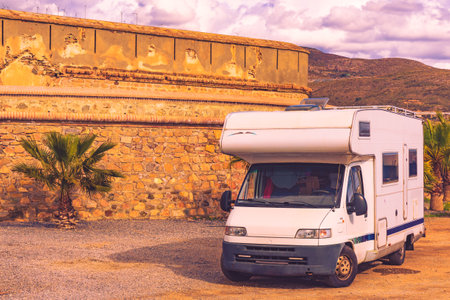 Caravan on coastal fortification, castle Carchuna, Granada province, Andalusia Spain. tourist attractionのeditorial素材