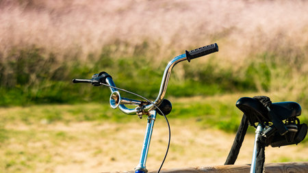 Bicycle outdoor parked on the beach. Handlebars element. Holidays, sports and summer recreation.