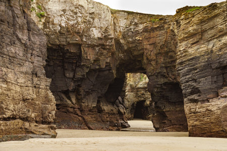 Beach of the Cathedrals, Playa las Catedrales in Ribadeo, province of Lugo, Galicia. Cliff formations on the Cantabric coast in northern Spain. tourist attractions.の写真素材