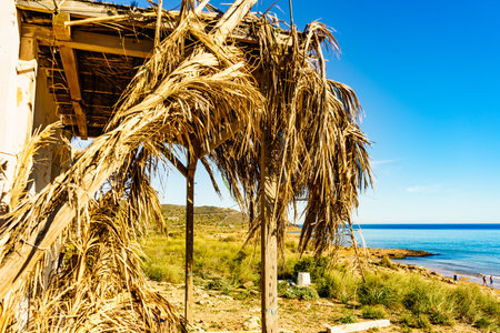 Mediterranean sea coast landscape, beach with shelter made of palm leaves, Murcia region, Calblanque Regional Park in Spain.の写真素材