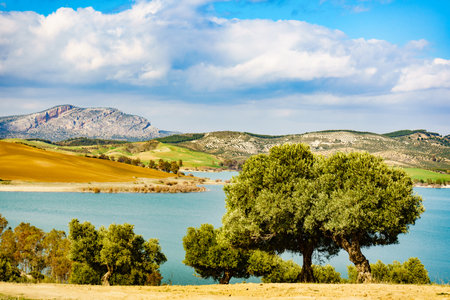 Spanish inland nature landscape. Lake Embalse del Guadalhorce, Ardales Reservoir, Malaga Andalusia, Spainの写真素材