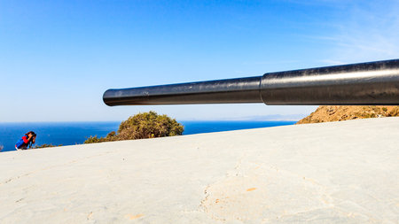 Tourist site. Battery de Castillitos in Spain Cartagena, Cabo Tinoso. Military cannon for coast...