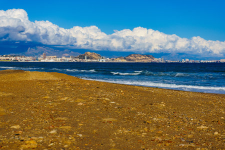 Mediterranean coast seaside spanish Alacant city on the Costa Blanca, Valencia, Spain. View from distance.の写真素材