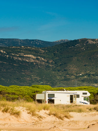 Caravan camping on the sea coast. Mediterranean region of Costa del Sol, Spain.の写真素材