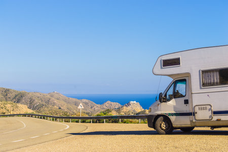 Camper rv on viewpoint Mirador De La Granatilla Carboneras in Cabo de Gata Natural Park, provincia Almeria, Spain.の写真素材