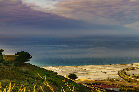 Spanish seacoast with many plastic greenhouses. Almeria region, Andalusia. Food industry.の写真素材
