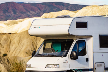 Caravan camping in Tabernas desert, Almeria Spain. Traveling with motorhome.の写真素材