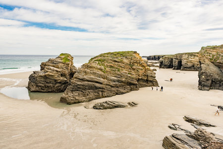 Cliff formations on Cathedral Beach in Galicia Spain. Playa de las Catedrales, As Catedrais in Ribadeo, province of Lugo. Cantabric coastline in northern Spain. tourist attractions.の写真素材