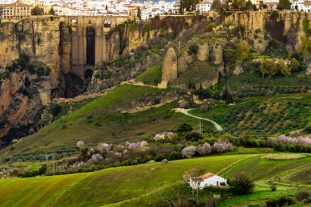 Ronda town and valley. View from distance on cliff with bridge. Tourist attraction in Andalusia, Spain.の写真素材