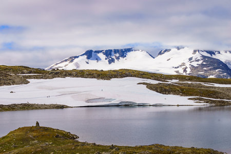 Sports activity. Cross country summer ski at road 55 Sognefjellet national tourist route between Lom and Luster, Norway. People training on track.の写真素材