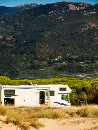 Caravan camping on the sea coast. Mediterranean region of Costa del Sol, Spain.の写真素材