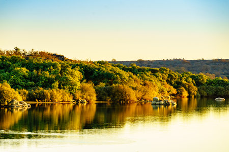 Autumn nature, lake landscape. Povoa e Meadas Dam in Castelo de Vide, Alentejo Portugal.の写真素材
