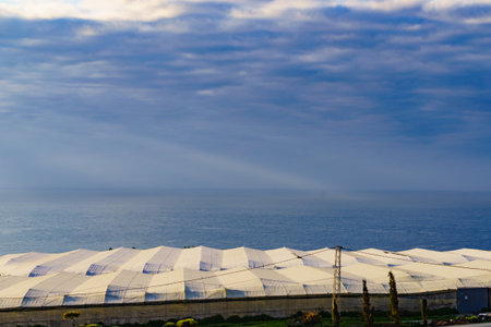 Spanish landscape and view of sea coast with many plastic greenhouses. Almeria region, Andalusiaの写真素材