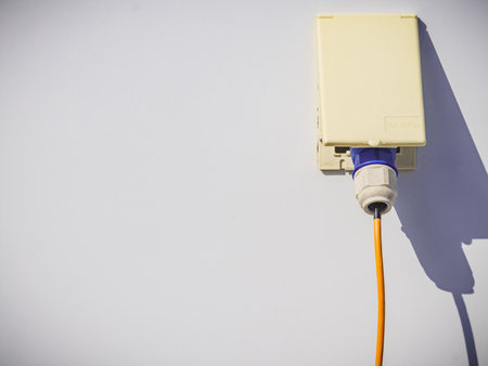 RV electrical cord plug power recharging travel trailer motorhome, electric connection from campsite.の写真素材