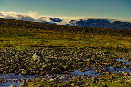 Hardangervidda mountain plateau landscape. National tourist route. Norway in summer.の写真素材
