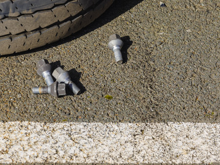 Changing tire car on road.の写真素材