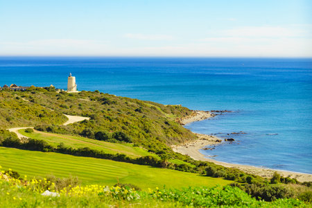 Carbonera lighthouse located on Punta Mala, La Alcaidesa, Spain. Lantern overlooks the Strait of Gibraltar.の写真素材