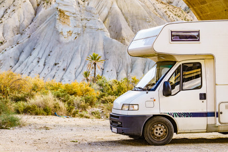 Caravan camping in Tabernas desert, Almeria Spain. Traveling with motorhome.の写真素材