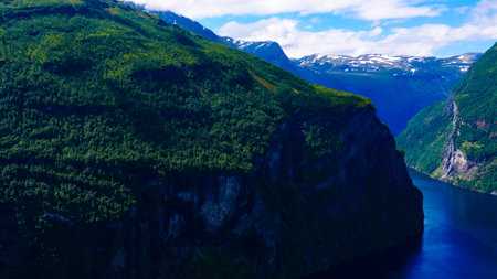 Fjord Geirangerfjord landscape, view from Ornesvingen viewing point, Norway. Travel destinationの写真素材