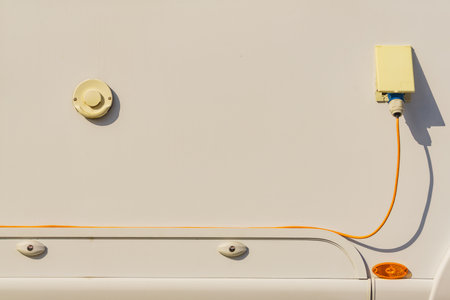 RV electrical cord plug power recharging travel trailer motorhome, electric connection from campsite.の写真素材