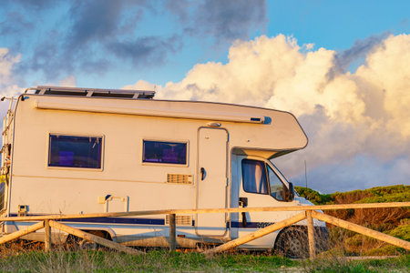 Caravan camping on beach sea coast. Mediterranean region of Costa del Sol, Spain.