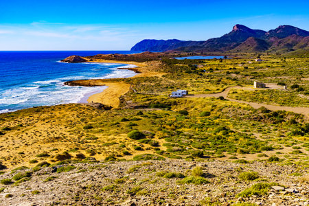 Mediterranean sea coast landscape, beach sea shore in Murcia region, Calblanque Regional Park, Spain.の写真素材
