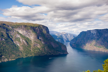 Aurlandsfjord fjord landscape, Norway Scandinavia. National tourist route Aurlandsfjellet.の写真素材