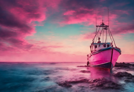 Small fishing boat on sea in morning sunrise light. Food industry, traditional craft. Generative AIの素材