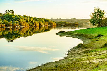 Autumn nature, lake landscape. Povoa e Meadas Dam in Castelo de Vide, Alentejo Portugal.の写真素材