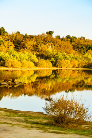 Autumn nature, lake landscape. Povoa e Meadas Dam in Castelo de Vide, Alentejo Portugal.の写真素材