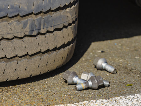 Changing tire car on road. Auto repairの写真素材