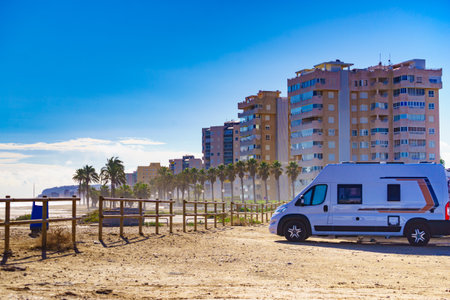 Caravan camping on Urbanova beach near Alicante, Costa Blanca Spain. Holidays and van life.の写真素材