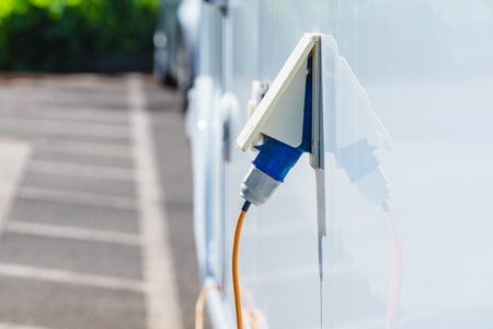 RV electrical cord plug power recharging travel trailer motorhome, electric connection from campsite.の写真素材