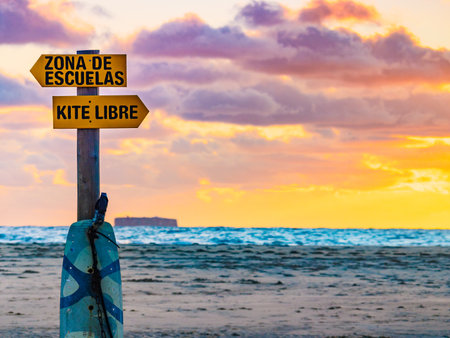 Sign in spanish at beach navigate lesson surfing school and kitesurfing. Sports activities.の写真素材
