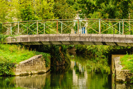 Coulon town in France. River view with old stone bridge. Deux Sevres, New Aquitaine region. Tourism placeの写真素材