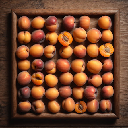 Apricot fruits on wooden rustic table. Top view flat lay. Generative AIの素材