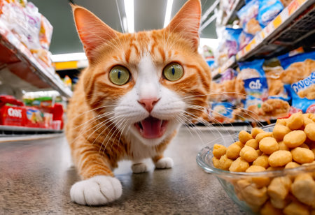 Cat eating on floor in market store, grocery supermarket shelves background. Animal choosing its own food. Generative AI.の素材