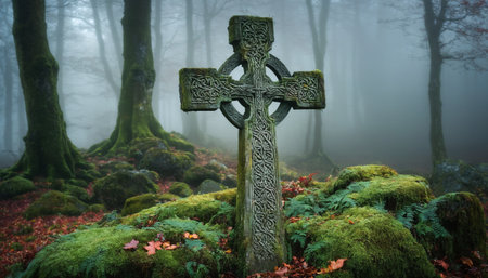 Ancient Celtic gravesite with unmarked gravestones in the middle of a forest in rural Scotland. Generative AIの素材