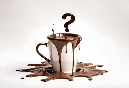 Question mark above fresh brown hot chocolate splash in glass, dripping from cup. Faq, ask and information about chocolate drink. Generated AIの素材