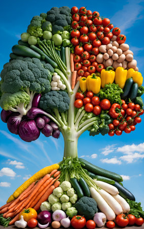 Various vegetables in form of tree on sky azure background. Healthy nutritional food, rich of vitamin. Immune system boosting. Flat lay. Generated AIの素材