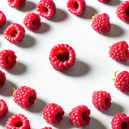 Fresh raspberry fruits raspberries on white background. Generative AIの素材