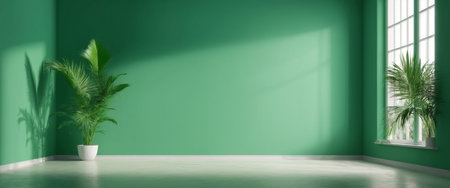 Generative AI, Abstract green color gradient studio background for product presentation Empty room with shadows of window and palm leaves room with copy space Summerの素材