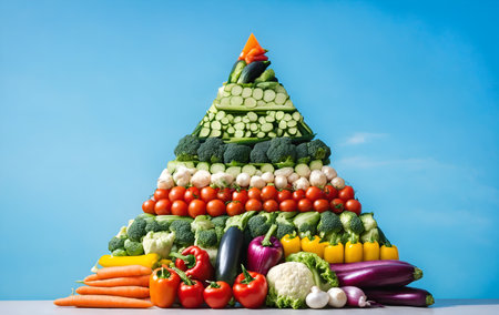 Pile of fresh vegetables on blue background. Concept of healthy eating.の素材