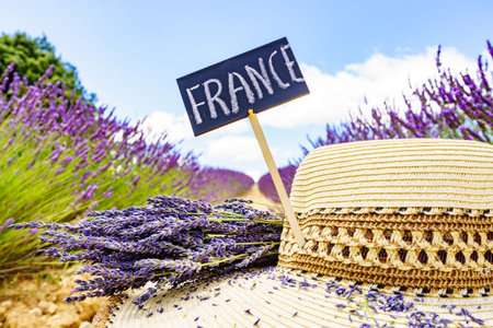 Summer hat and board with sign France against fresh lavender field. Attraction trip for French...