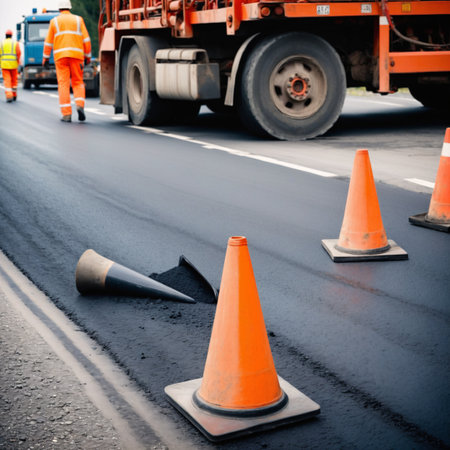 Road construction crew paving fresh asphalt with heavy machinery under bright conditions - AI generatedの素材
