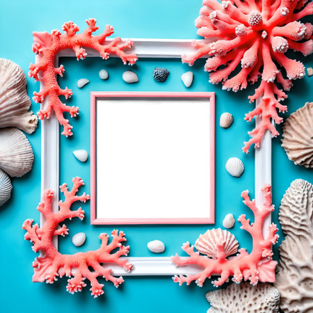 Phot frame with shells and corals. Summer background, copy space for text. Holiday concept. Top view flat lay. Generated AIの素材