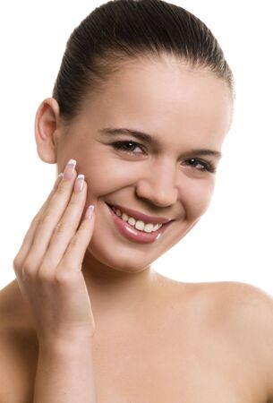 Smiling young woman on whiteの写真素材