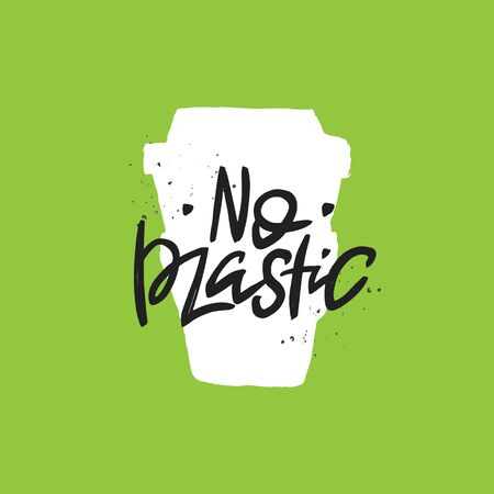 No plastic vector handwritten quote, brush lettering inscription. Zero waste concept. Isolated typography print for card, poster, banner, products.のイラスト素材
