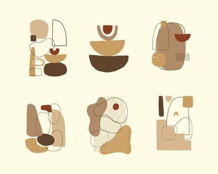 Set of abstract vector contemporary collage posters or cards templates. Aestetic geometric background. Hand drawn composition, freehand organic shapes.のイラスト素材