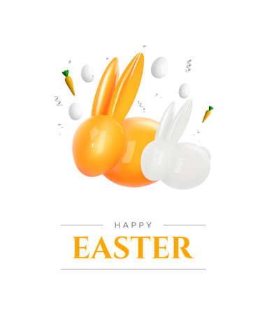 Happy Easter. Realistic 3d bunny and eggs on white background. Easter decoration. Vector.のイラスト素材